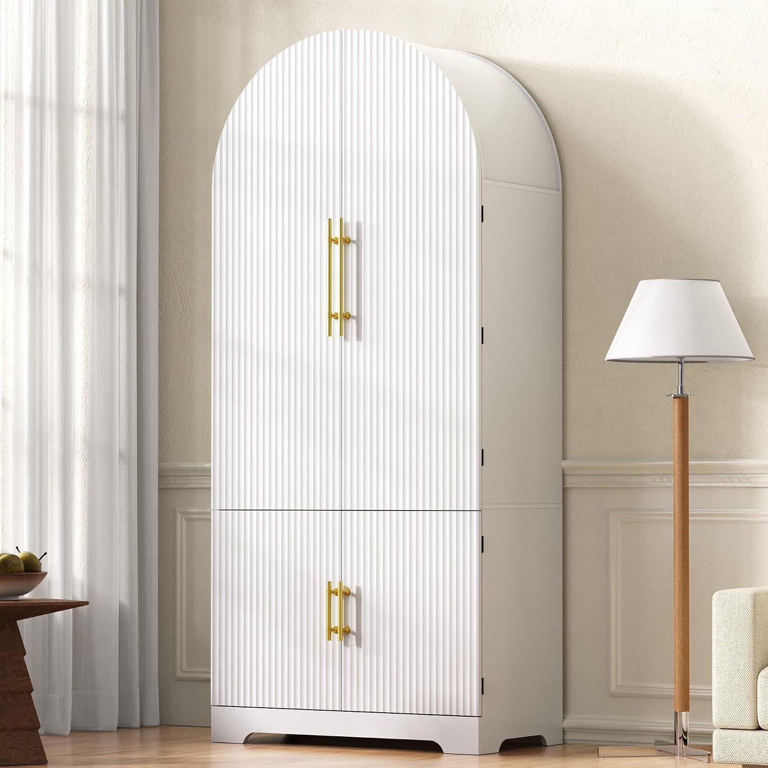 72" Tall Arched Kitchen Pantry Cabinet, Fluted Freestanding Storage Cupboard with 8 Door Shelves, 3 Adjustable Shelves and Hidden Drawer,Cabinet for Kitchen, Dining & Bathroom,White