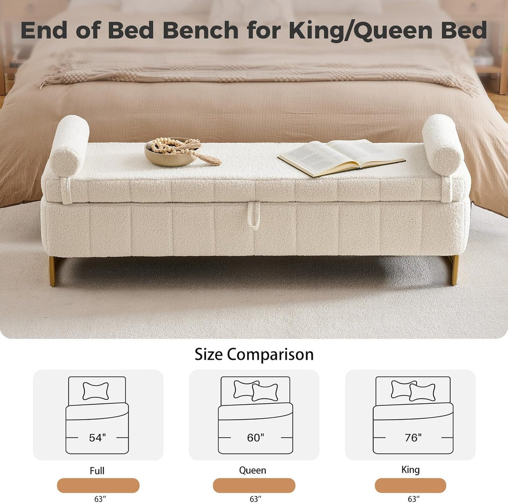Storage Bench, 63" Ottoman with Storage for Foot of Bed King Size, Modern Upholstered End of Bed Bench with Gold Metal Legs for Bedroom Entryway Hallway, Teddy Beige