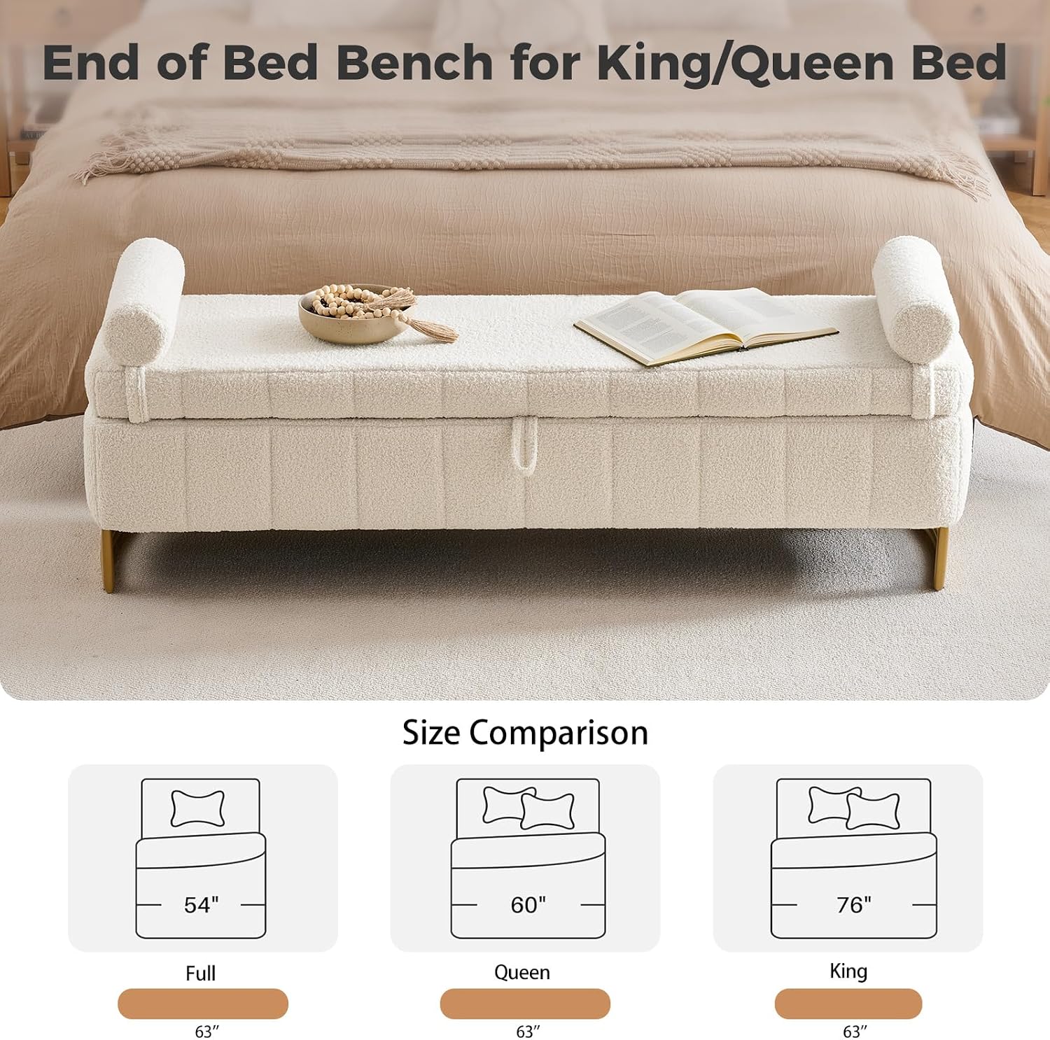 Storage Bench, 63" Ottoman with Storage for Foot of Bed King Size, Modern Upholstered End of Bed Bench with Gold Metal Legs for Bedroom Entryway Hallway, Teddy Beige