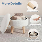 DUMOS Round Storage Ottoman Foot Rest, Compact Boucle Upholstered Footstool with Hidden Storage, Padded Seat, Small Coffee Table for Living Room, Bedroom, Beige