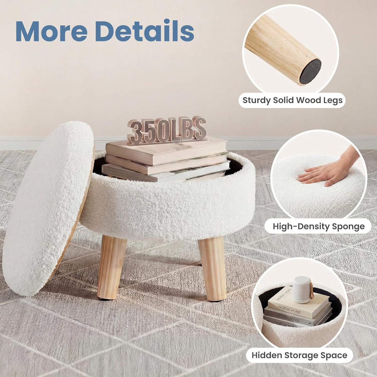 DUMOS Round Storage Ottoman Foot Rest, Compact Boucle Upholstered Footstool with Hidden Storage, Padded Seat, Small Coffee Table for Living Room, Bedroom, Beige