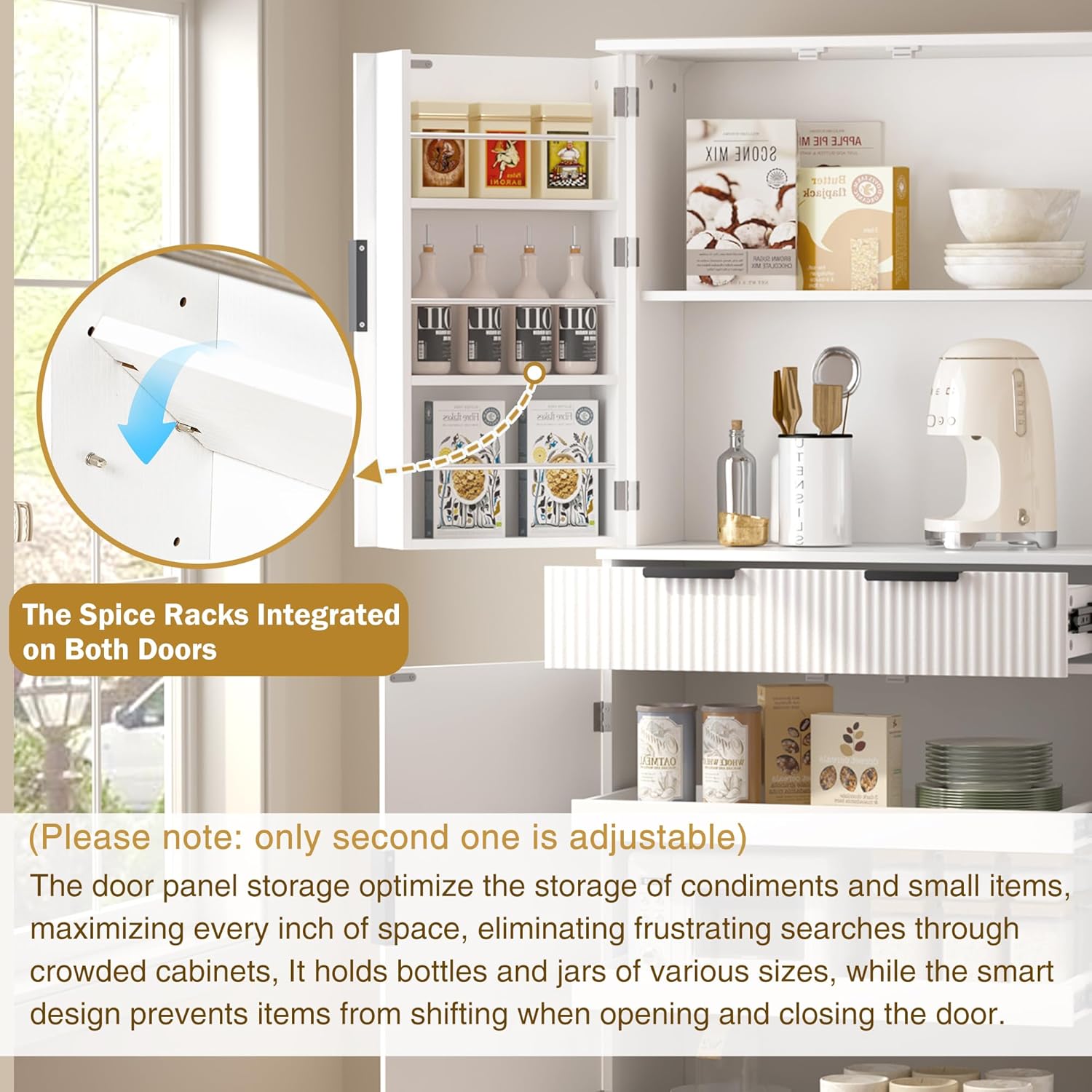Modern Kitchen Pantry Cabinet, 71" Height Tall Freestanding Cupboard with a Drawer,3 Sliding Rack,6 Hanging Shelves,Fluted Kitchen Organizer Storage Cabinet for Dining Room Living Room (White-1)