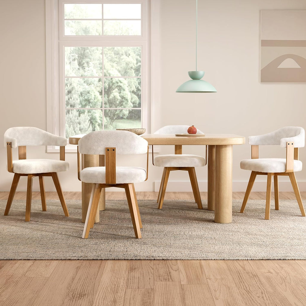 EYYTHUNG Swivel Dining Chairs Set of 2, Mid Century Modern Boucle Dining Chairs with Arms and Wood Legs,Upholstered Kitchen Chairs for Kitchen, Dining Room, Living Room, White and Dark Oak