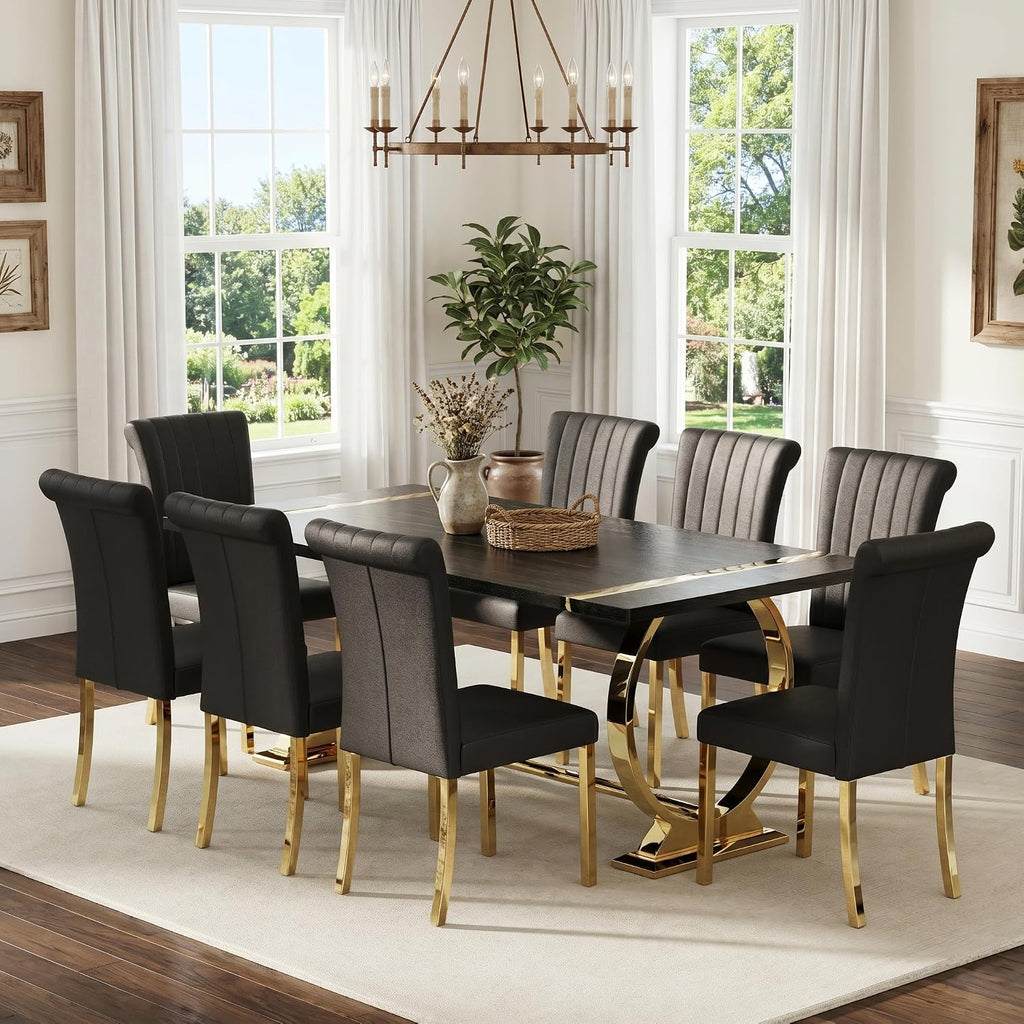 Asday 77" Wooden Dining Table for 6-8, Modern Rectangular Large Kitchen Table with Gold Polished Stainless Steel U-Shaped Base for DiningRoom Kitchen Dinner Home