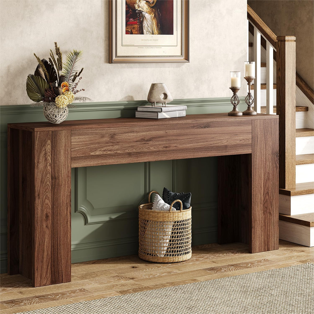 UNIQUITE 63-Inch Long Console Table with RGB LED Lights, Extra Wide and Thick Sofa Table Behind Couch, Farmhouse Entryway Table for Entrance, Hallway, Living Room, Brown