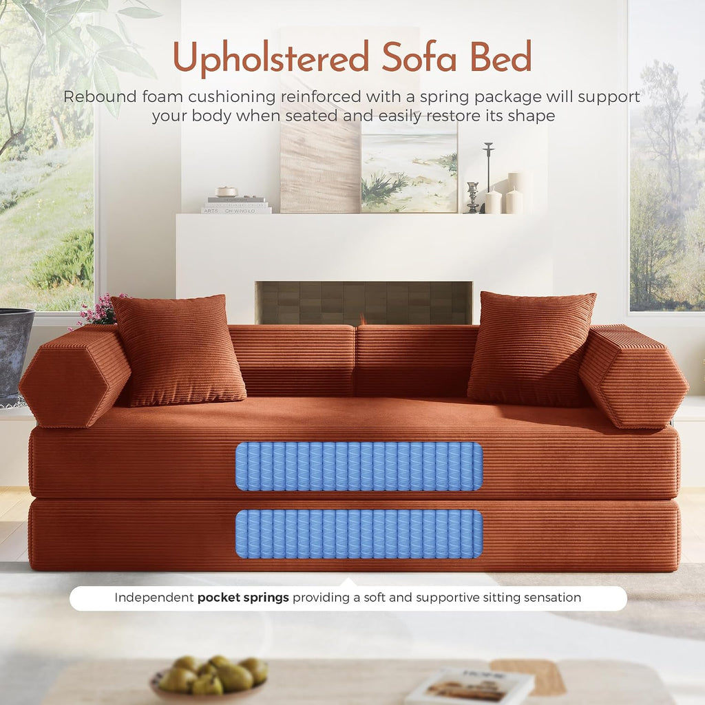 79" Convertible Futon Sofa Bed, Couch for Living Room | Orange | Modular Sleeper Sofa, Corduroy Pull Out Floor Couch Loveseat with Fixed-Shape Frame, No Assembly