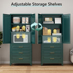 75" Metal Pantry Storage Cabinet with 3 Drawers, Green | Premium Cold-Rolled Steel Frame, Luxury Gold Handles, Adjustable Inner Shelves, Magnetic Doors, Anti-Tipping Kit