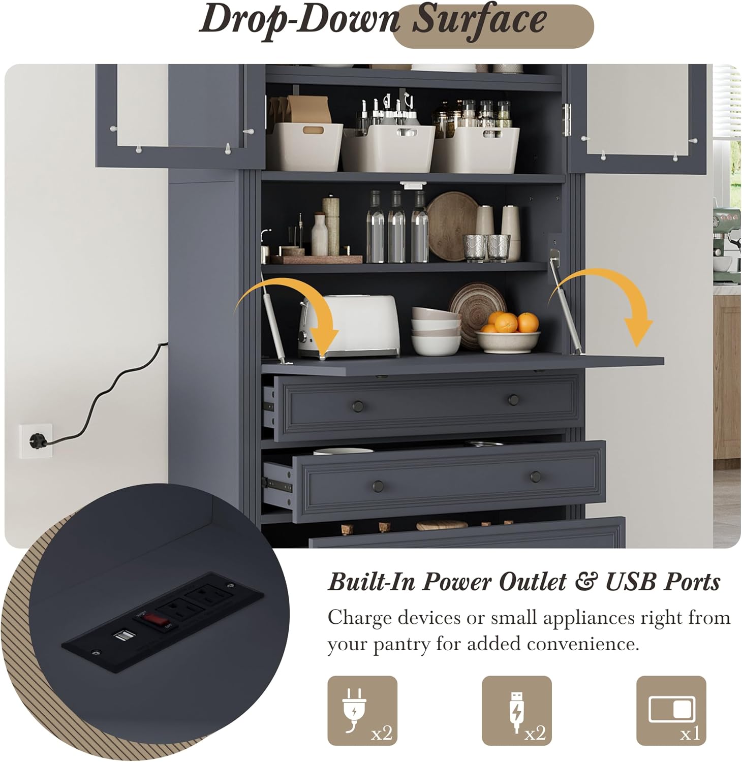 78" Tall Kitchen Pantry Cabinet, Freestanding Food Storage Pantry Cupboard with Power Outlet,3 Storage Compartments and Adjustable Shelves, Farmhouse Kitchen Hutch for Dining Room,Grey