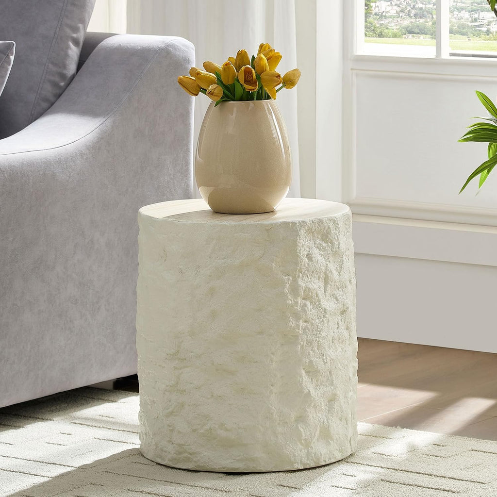 Round Side Table End Table for Living Room, Modern Contemporary Faux Stone Style Fiberglass Material, No Assembly (Beige, ø15.7'' x 17.7'')