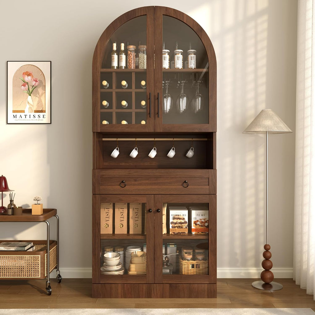 Merax 70" Tall Arched Farmhouse Pantry Cabinet with Glass Doors, Walnut | Mid-Century Kitchen Storage Cupboard with 9 Wine Racks, Adjustable Shelf, and Large Drawer for Coffee Bar, Liquor Storage