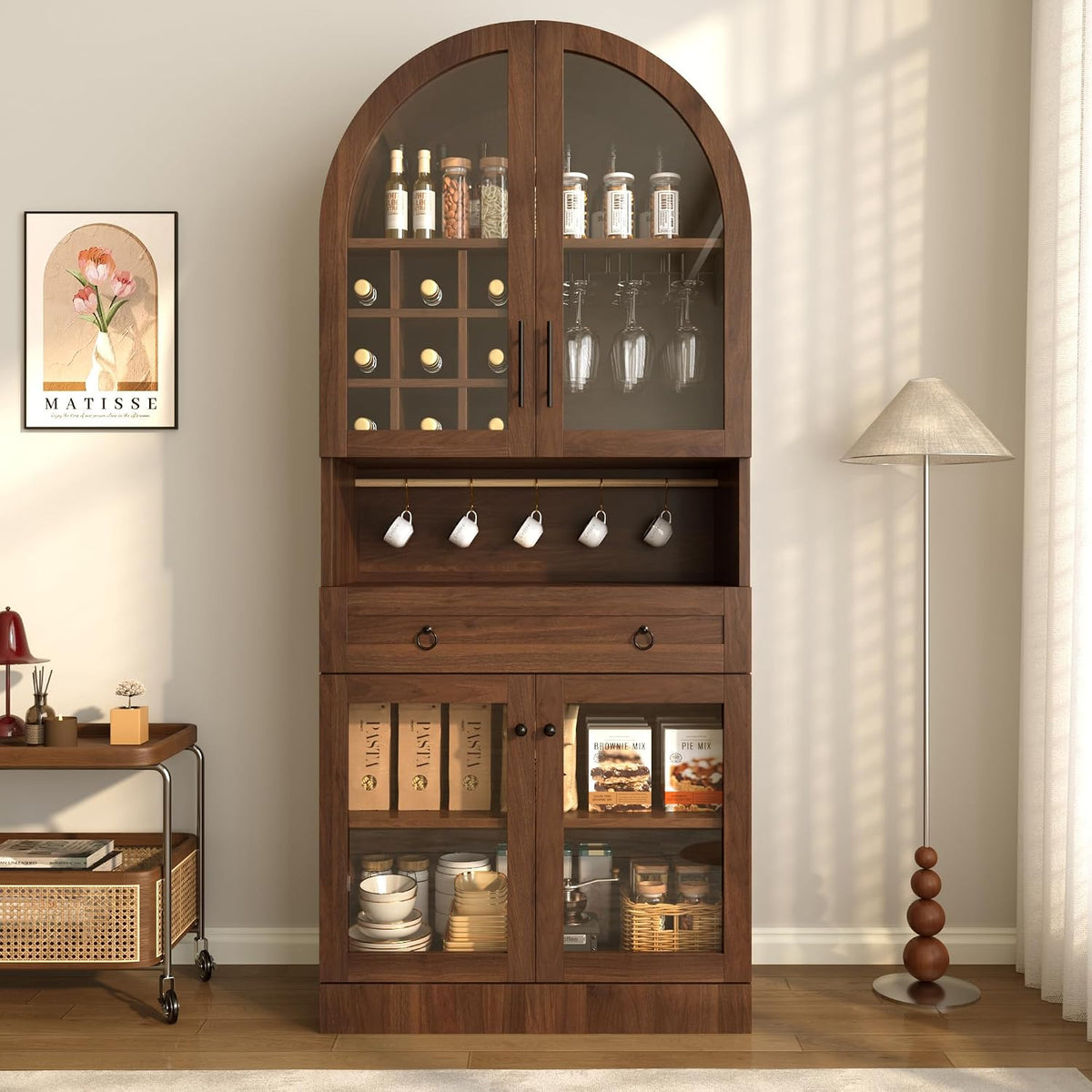 Merax 70" Tall Arched Farmhouse Pantry Cabinet with Glass Doors, Walnut | Mid-Century Kitchen Storage Cupboard with 9 Wine Racks, Adjustable Shelf, and Large Drawer for Coffee Bar, Liquor Storage