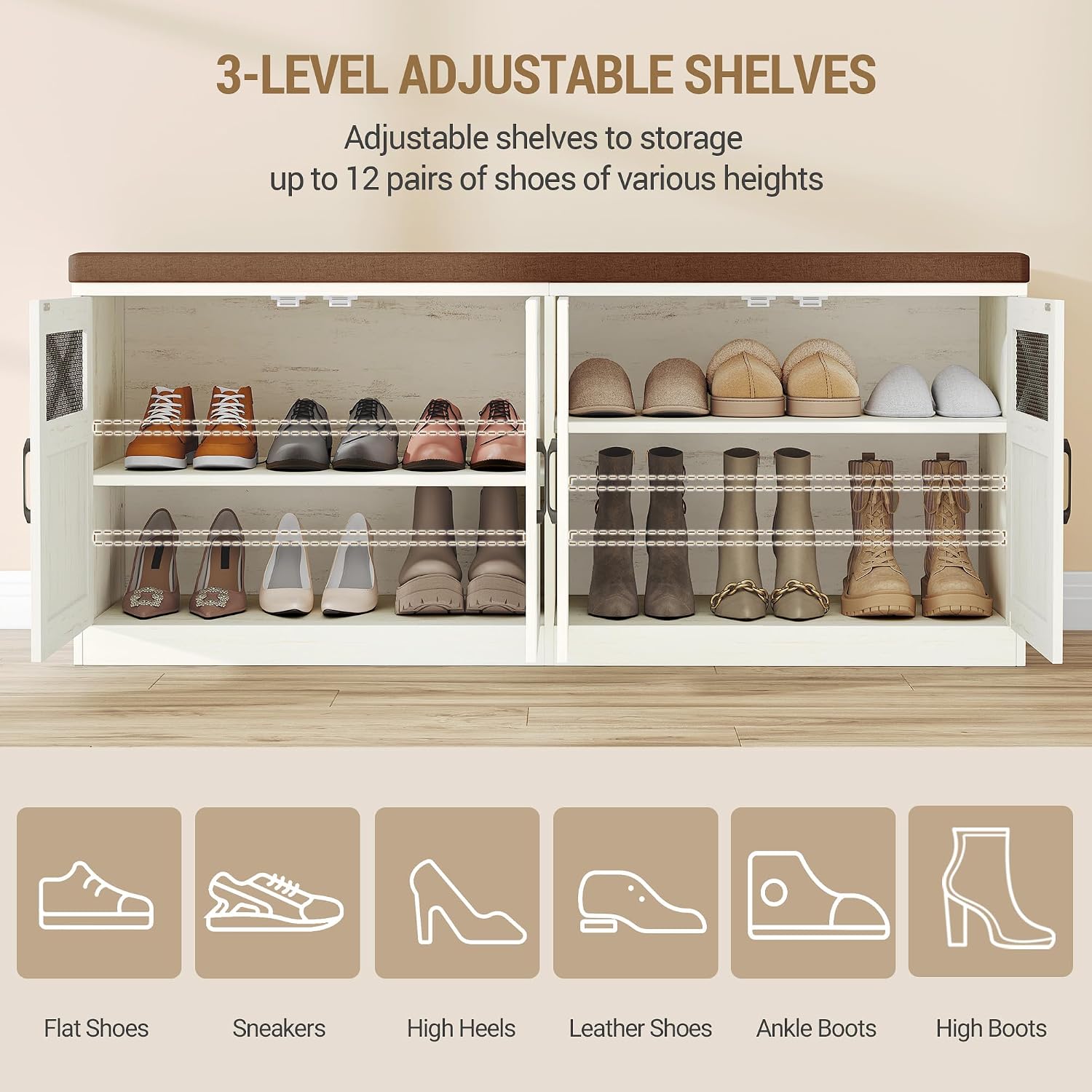 Hzuaneri 47.2" Shoe Storage Bench, Farmhouse Shoe Bench with Cushion & Door | 2-Tier Farmhouse Wooden Storage Bench with Padded Cushion , for Bed end bench, Entryway, Living Room, Rustic White SB61214KA
