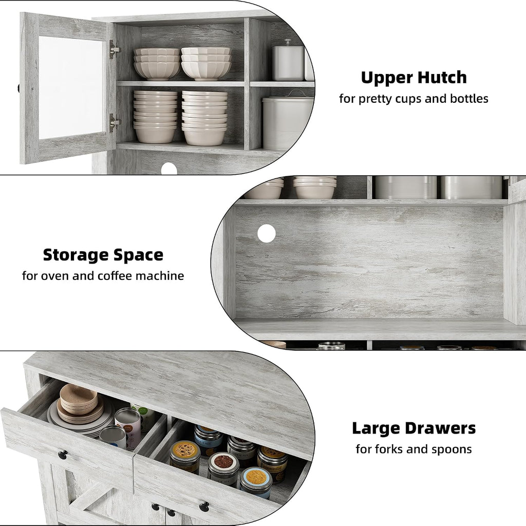 Contemporary Kitchen Pantry Cabinet – Freestanding Hutch Buffet Cupboard with Adjustable Shelves, Tall Organizer for Dining Room or Home – Grey