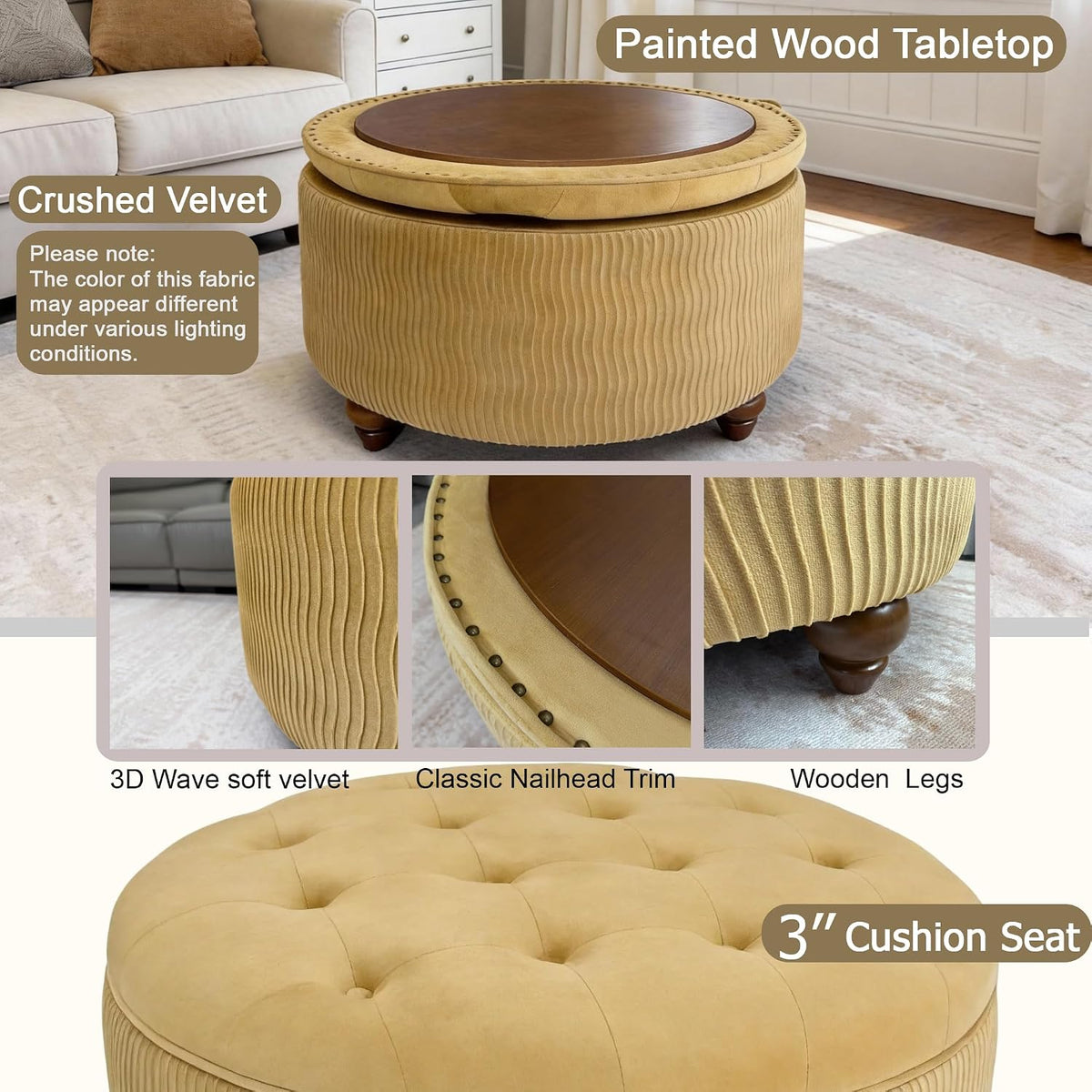 modscape 30" Velvet Round Storage Ottoman Coffee Table with Lift-Off Lid | Modern upholstered ottoman works as coffee table, footrest and extra seat. Large hidden storage for living room, bedroom.