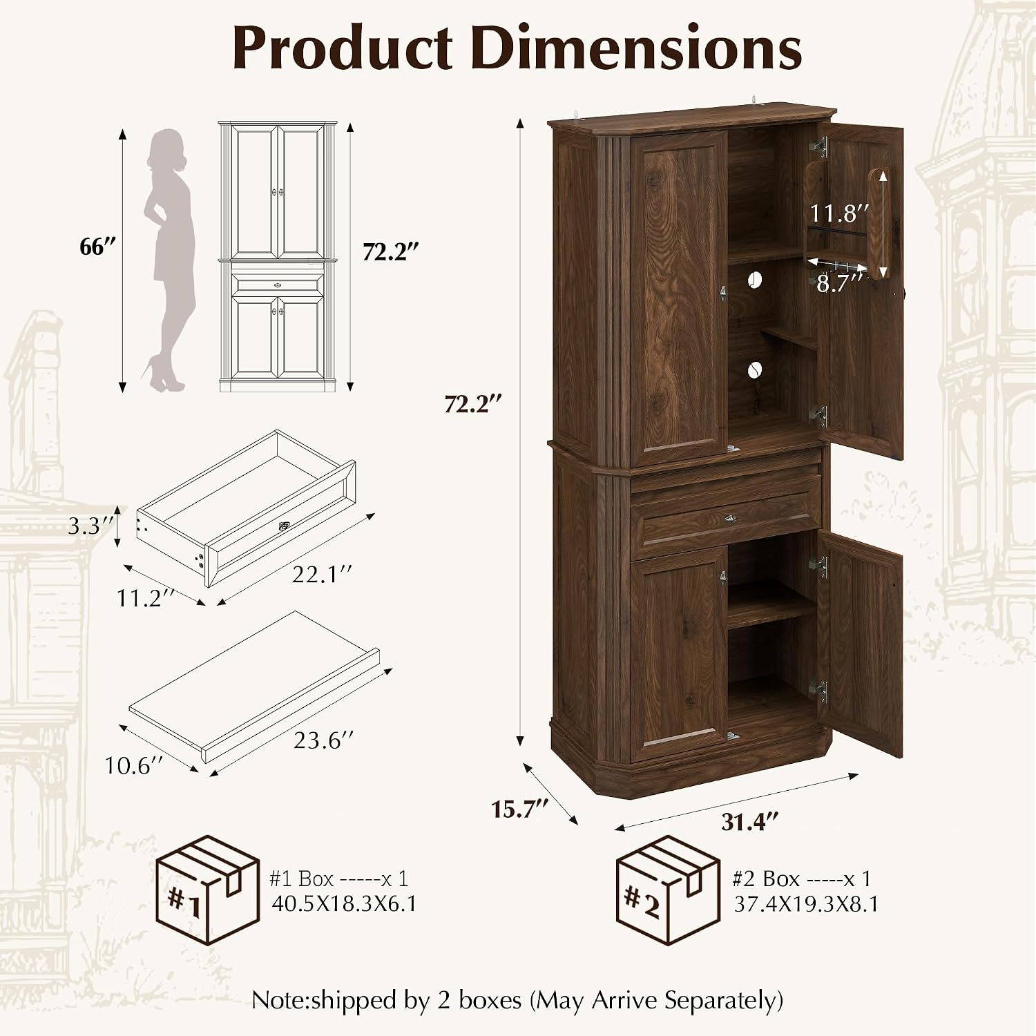 72.2" Tall Kitchen Pantry Cabinet with Doors, Farmhouse Storage Cabinet with Charging Station & LED Light, Drawer, Adjustable Shelves and Pull-Out Shelves, Walnut Wood Pantry Cupboard for Dining Room