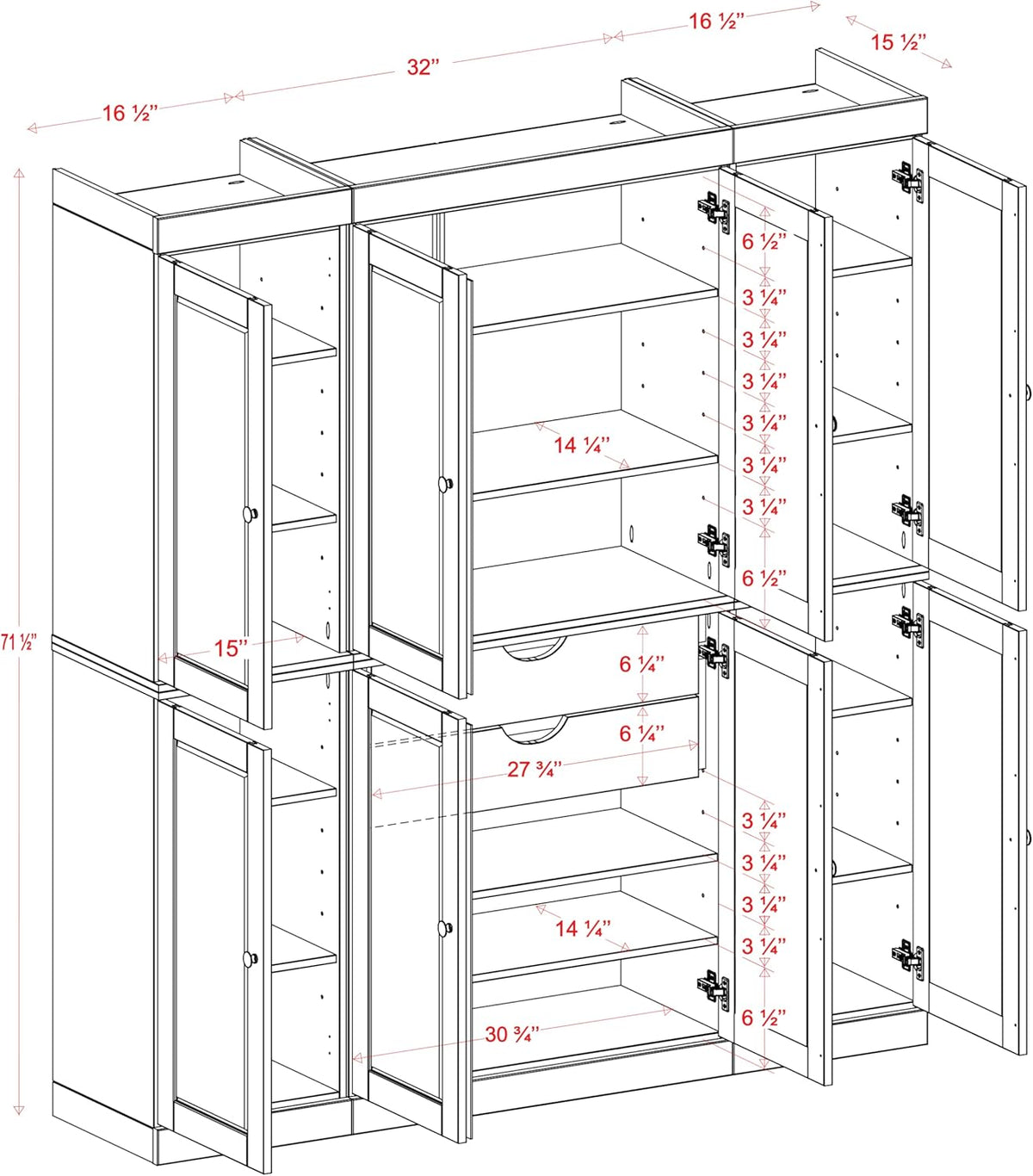 Palace Imports Solid Wood Storage Cabinet - 71.5" Tall, 65" Wide Freestanding Kitchen Pantry with 2-Drawer Kit & Adjustable Shelves – Green, Renewable Eco-Friendly 100% Wood, Made in Brazil