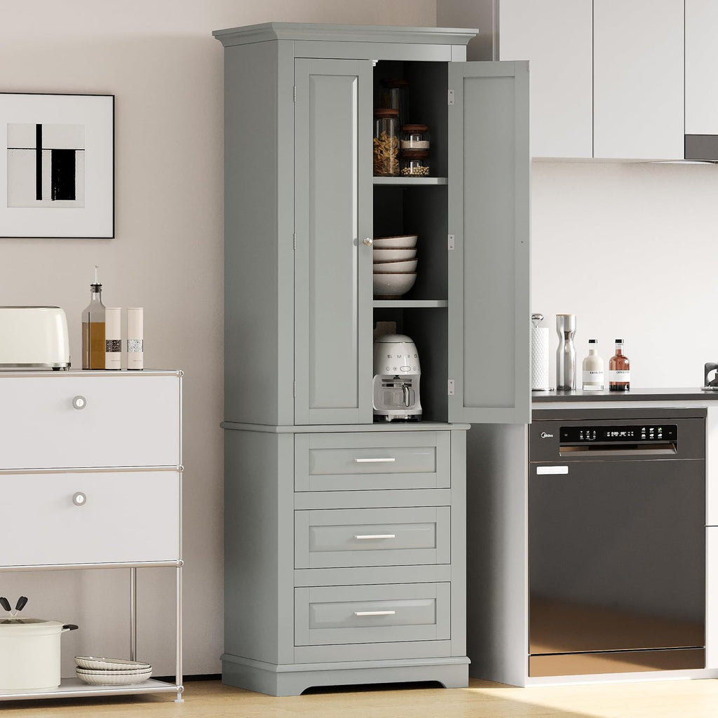 Merax 70" Pantry Cabinet with Two Doors & Three Drawer, Adjustable Shelves Storage Cupboard for Kitchen/Dining Room/Bathroom, Gray