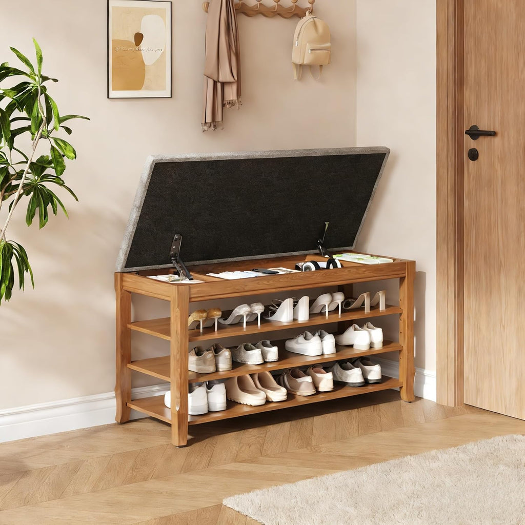 Solid Wood Shoe Bench with Storage, Flip-Top Soft-Close Lid, Adjustable Shelves, Cushioned Entryway Shoe Rack Organizer, 31.5”