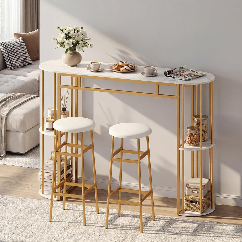 COSTWAY Bar Table Set for 2 with Storage Shelves, 60" Dining Table & 2 Upholstered Barstools with Faux Marble Tabletop, 3-Piece Bar Height Dining Set for Kitchen, Small Space (Golden & White)