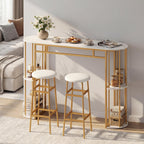 COSTWAY Bar Table Set for 2 with Storage Shelves, 60" Dining Table & 2 Upholstered Barstools with Faux Marble Tabletop, 3-Piece Bar Height Dining Set for Kitchen, Small Space (Golden & White)