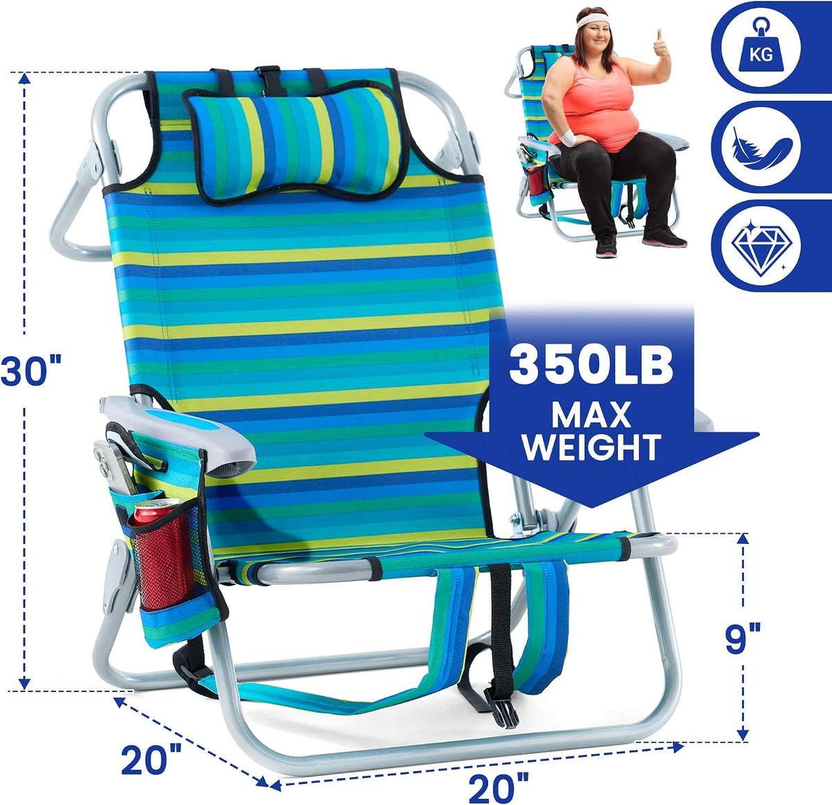 Portable Recliners Chair for Adults, Outdoor Camping Chair Lay Flat Folding Backpack Reclining Chair with 5 Positions, Headrest, Zipper Pouch, Cup Holder, NEW Srtiped