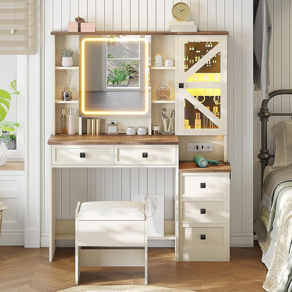 AOGLLATI Farmhouse Vanity Desk with Mirror and Lights, Makeup Vanity Set with Lights & Jewelry Cabinet & 5 Drawers, Vanity Table with Charging Station, Hidden Storage Space for Bedroom, Antique White