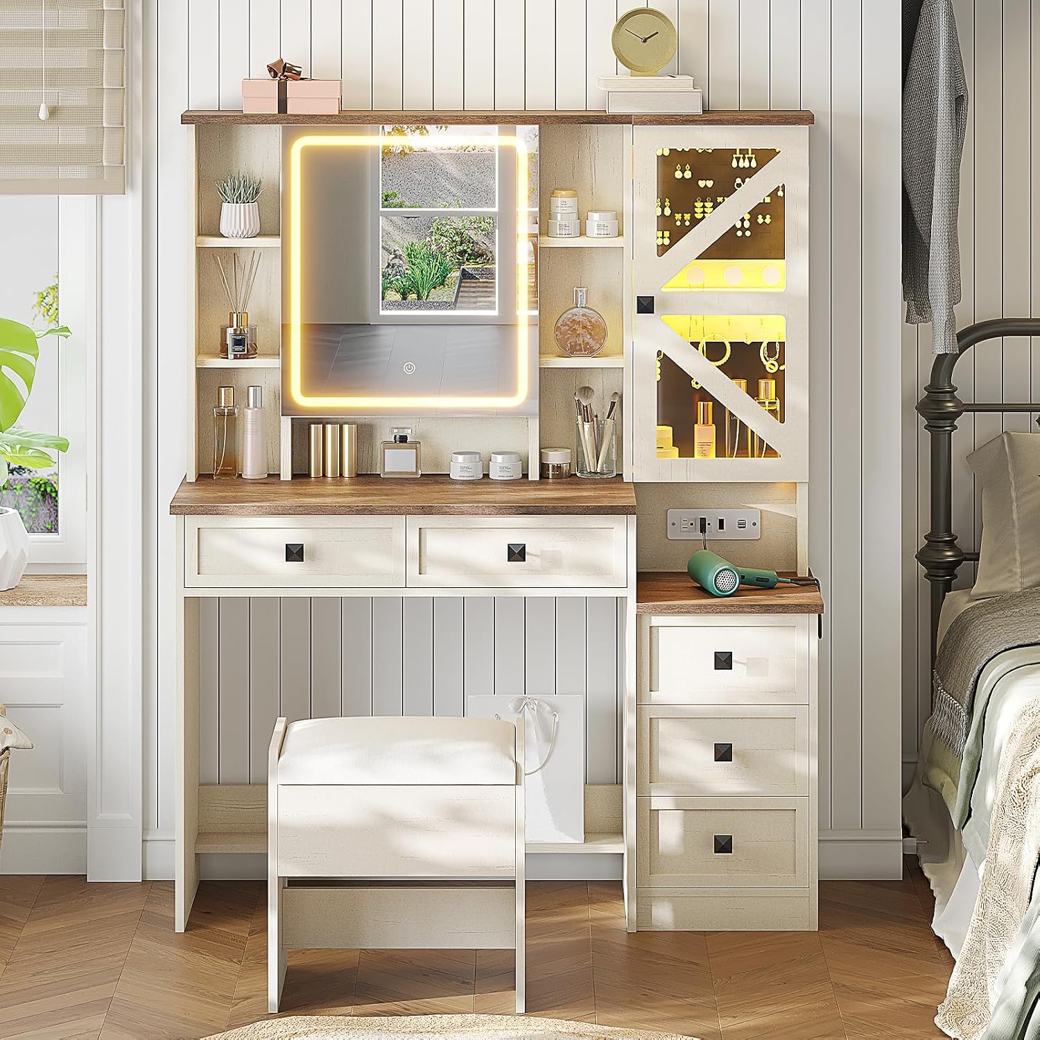 AOGLLATI Farmhouse Vanity Desk with Mirror and Lights, Makeup Vanity Set with Lights & Jewelry Cabinet & 5 Drawers, Vanity Table with Charging Station, Hidden Storage Space for Bedroom, Antique White