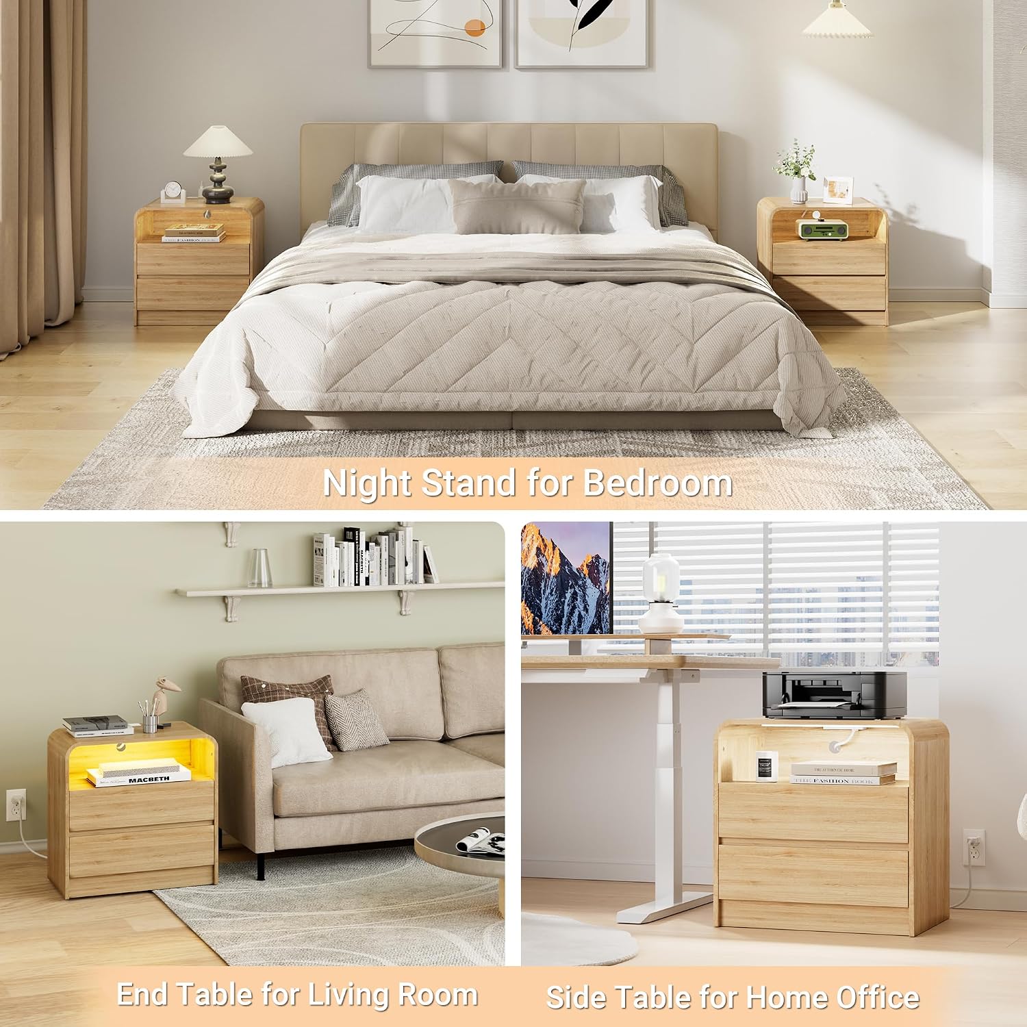 23"W 2 Drawer Nightstand with Charging Station and RGB LED Light | Curved Profile, Natural Oak, Handleless, Bedroom, FSC-Certified Wood, Modern, Open Shelf, Night Stand, End Table