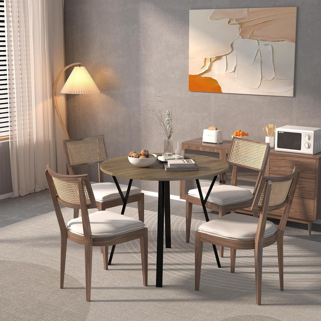 Round Dining Table with Metal Black Legs,35.43 Inch Circle Brown Kitchen Table Modern Dining Room Smal Table for 2-4 People (35.43'')