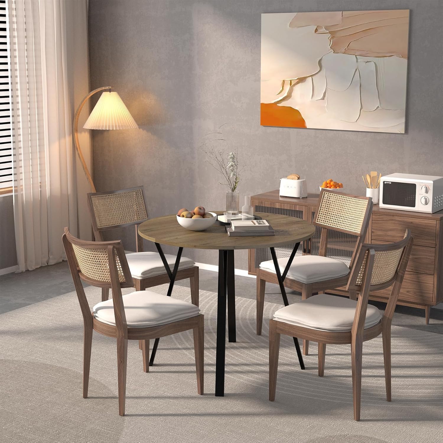 Round Dining Table with Metal Black Legs,35.43 Inch Circle Brown Kitchen Table Modern Dining Room Smal Table for 2-4 People (35.43'')