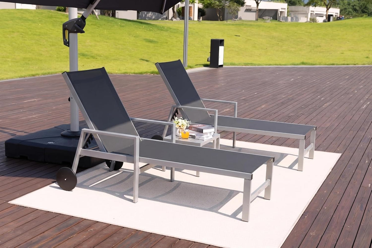 PURPLE LEAF Patio Lounge Chair Set for 2, All Weather Aluminum, Navy Blue | Powder-coated aluminum holds 270 lbs, quick-dry Textilene mesh, 5-position flat recline, smooth wheels, included side table