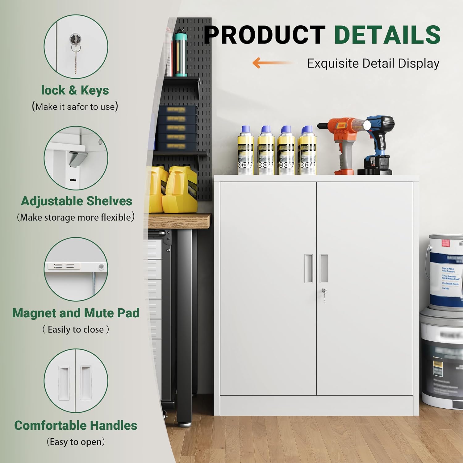 CJF Pantry Cabinet, Metal Pantry Storage Cabinets with Doors and 2 Adjustable Shelves, 36" H Locking Cabinet for Kitchen Storage, Home, Garage, Utility Room and Basement, White