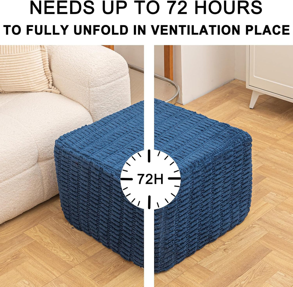 Round Plush Ottoman Pouf Stuffed– Fluffy Ottoman Foot Rest with Modern Foam Filler 20" x 14" Cozy Floor Pouf for Living Room & Bedroom (Navy Blue)