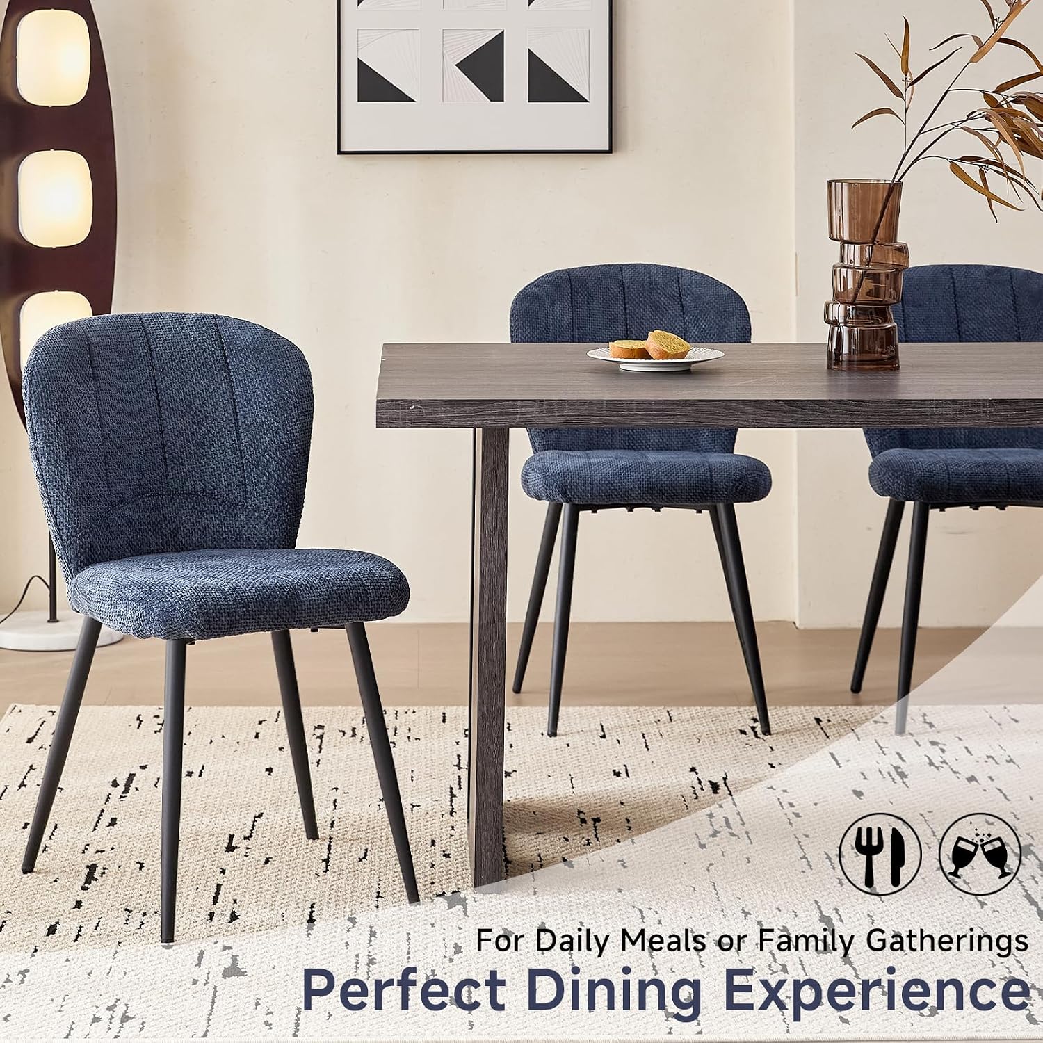 Dining Chairs Set of 4, Upholstered Chenille Fabric Kitchen Chairs with Wingback and Metal Legs, Elegant Tufted Accent Chair Vanity Chair for Dinner Bedroom Living Room, Blue