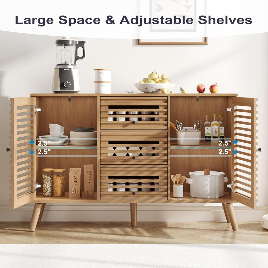 Furnify Buffet Cabinet with Slatted Doors, 47" W Sideboard Buffet with Drawers, Modern Mid Century Accent Storage Cabinet for Living Room, Entryway, Kitchen, Oak