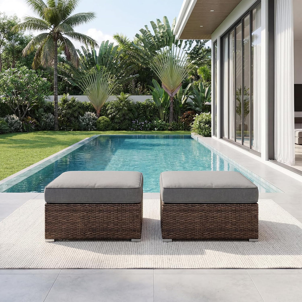 SUNBURY 2 Piece Outdoor Wicker Patio Ottoman Set, 30" Large Square Footrest with Thick Removable Cushion, All-Weather PE Rattan Stool for Backyard Poolside Porch, Grey