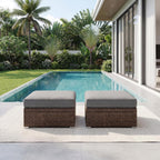 SUNBURY 2 Piece Outdoor Wicker Patio Ottoman Set, 30" Large Square Footrest with Thick Removable Cushion, All-Weather PE Rattan Stool for Backyard Poolside Porch, Grey