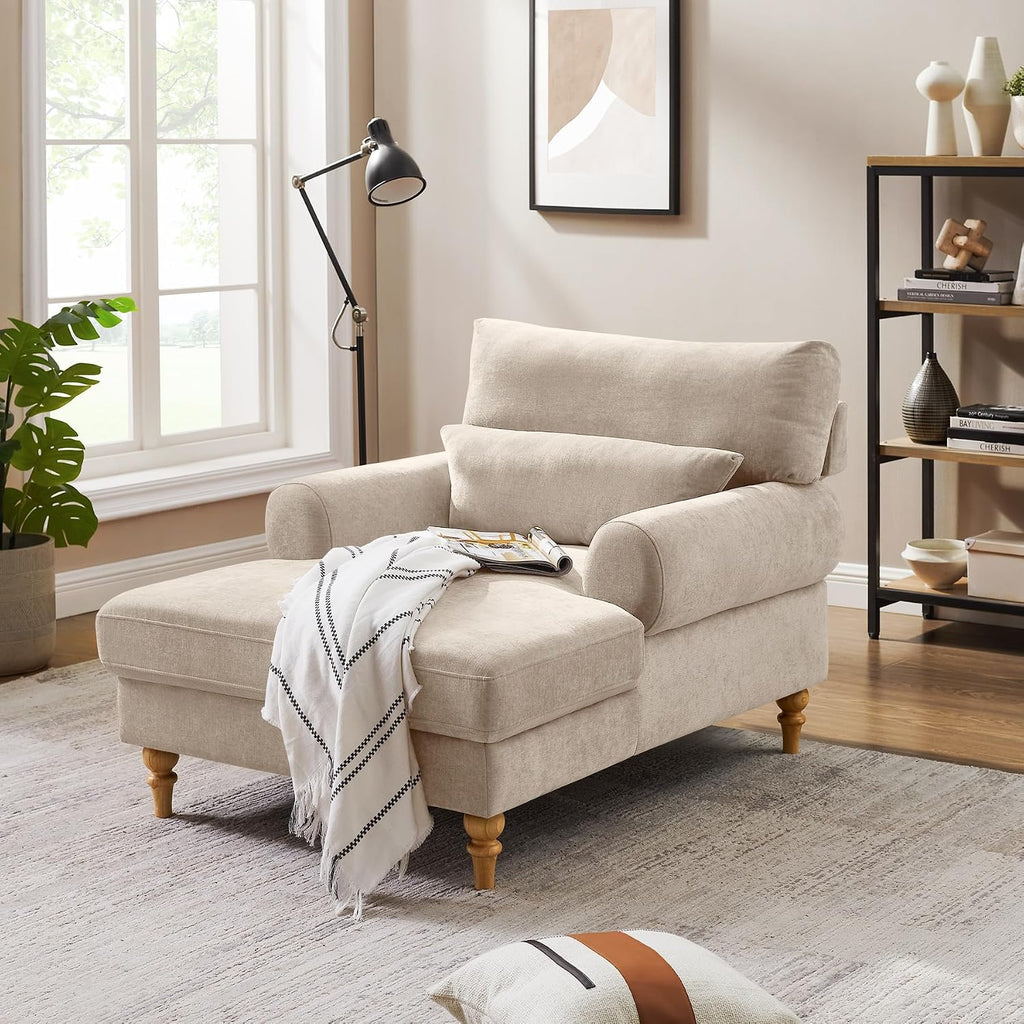 Modern Chaise Lounge Chair with Adjustable Backrest, Upholstered Indoor Leisure Sofa Recliner, Oversized Accent Chair Deep Seat Reading Armchair for Living Room, Bedroom, Office, Light Khaki