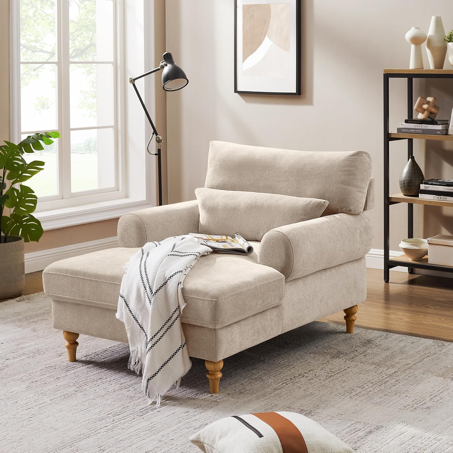 Modern Chaise Lounge Chair with Adjustable Backrest, Upholstered Indoor Leisure Sofa Recliner, Oversized Accent Chair Deep Seat Reading Armchair for Living Room, Bedroom, Office, Light Khaki