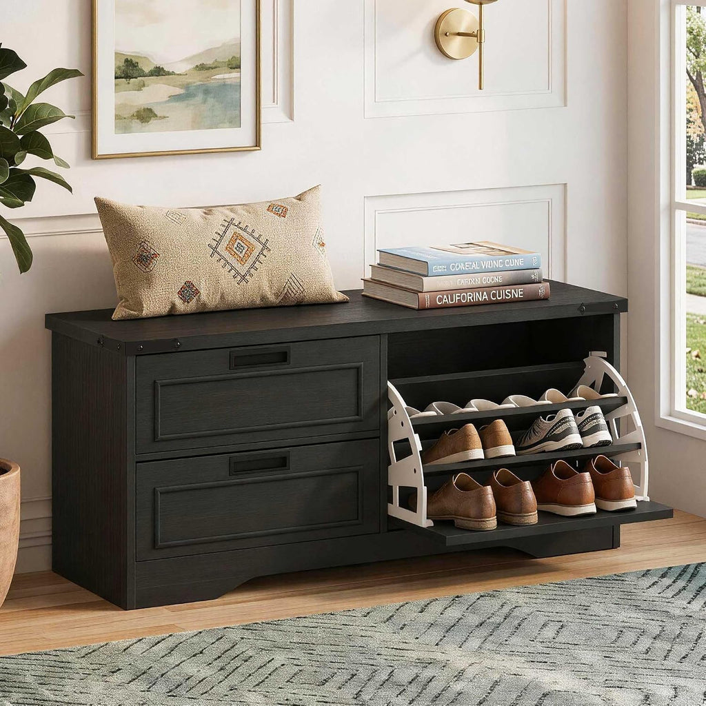 FATORRI Entryway Bench with Storage, 41 Inch Shoe Storage Bench, Industrial Wood Shoe Bench for Entry Way, Living Room, Bedroom and Mudroom (Black)
