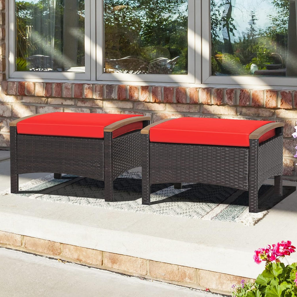 Tangkula 2 Piece Patio Rattan Ottomans, Outdoor Wicker Footstool w/Acacia Wood Handles, Soft Zippered Cushions, 3-in-1 Function Footstool Seat & Side Table for Backyard, Balcony, Poolside (Red)
