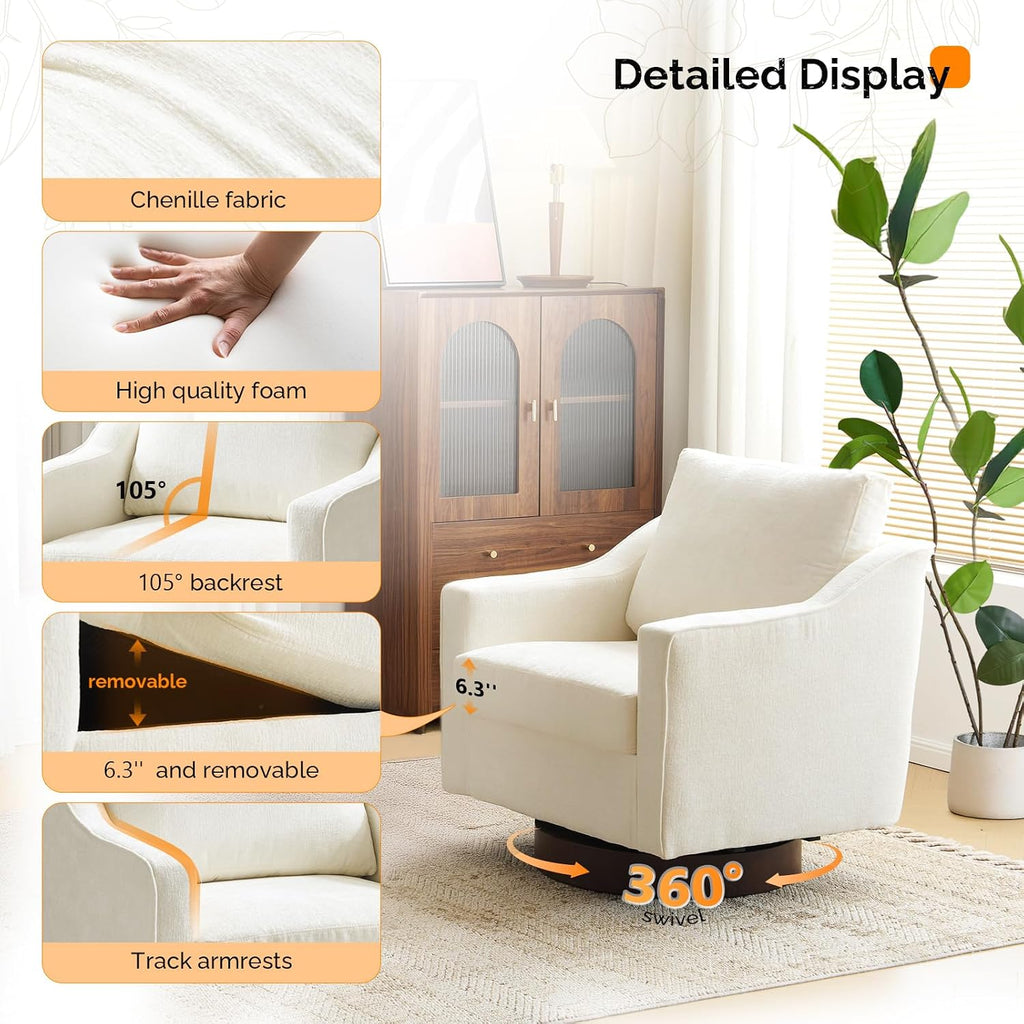 VINGLI Mid-Century Modern Swivel Accent Chair, 360°Upholstered Armchair, Home Sofa with Track Arms for Living Room, Bedroom, Reading Room, Club Swivel Chair,Chenille Beige