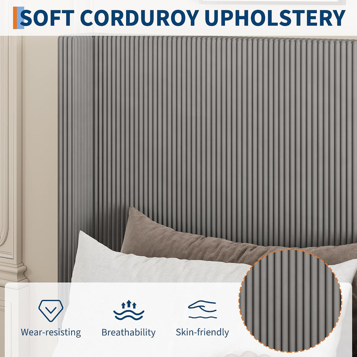 King Bed Frame with 4 Storage Drawers, Corduroy Upholstered Platform Bed