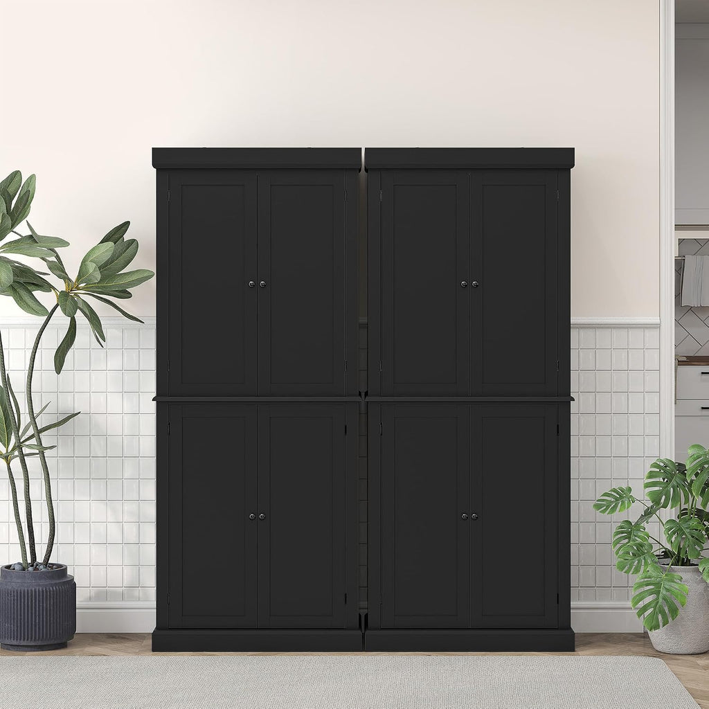 HOMCOM 72.5" Tall Kitchen Pantry Cabinet, Freestanding Modern Farmhouse Kitchen Storage Cabinet with 4 Doors and 2 Adjustable Shelves for Dining Room, Black