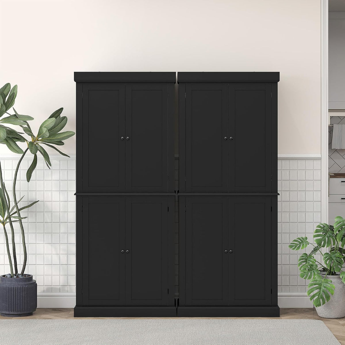 HOMCOM 72.5" Tall Kitchen Pantry Cabinet, Freestanding Modern Farmhouse Kitchen Storage Cabinet with 4 Doors and 2 Adjustable Shelves for Dining Room, Black