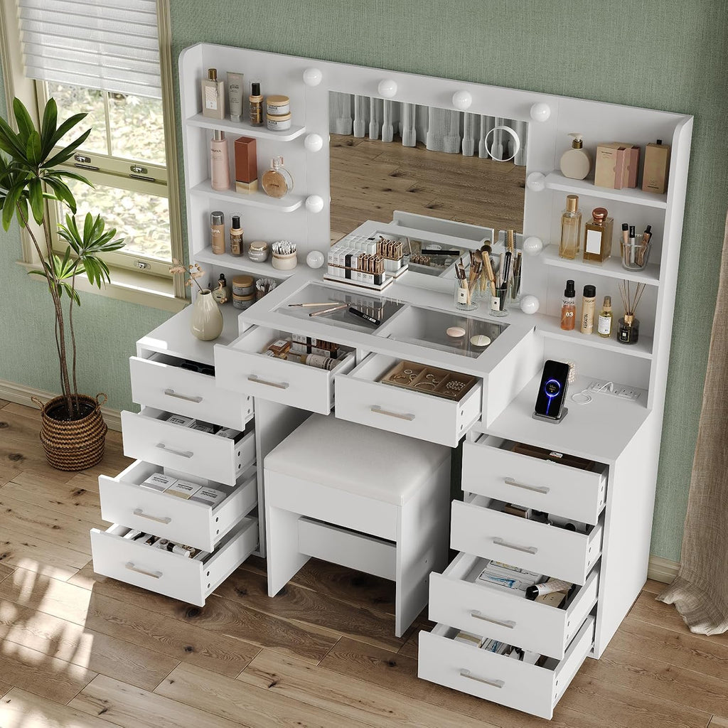 Yanosaku 55'' W Makeup Vanity with Mirror & Lights, 10 Drawers Vanity Desk with Charging Station, 6 Open Shelves, 3 Lighting Modes Brightness Adjustable, Glass Top Vanity with Chair for Bedroom, White