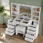 Yanosaku 55'' W Makeup Vanity with Mirror & Lights, 10 Drawers Vanity Desk with Charging Station, 6 Open Shelves, 3 Lighting Modes Brightness Adjustable, Glass Top Vanity with Chair for Bedroom, White