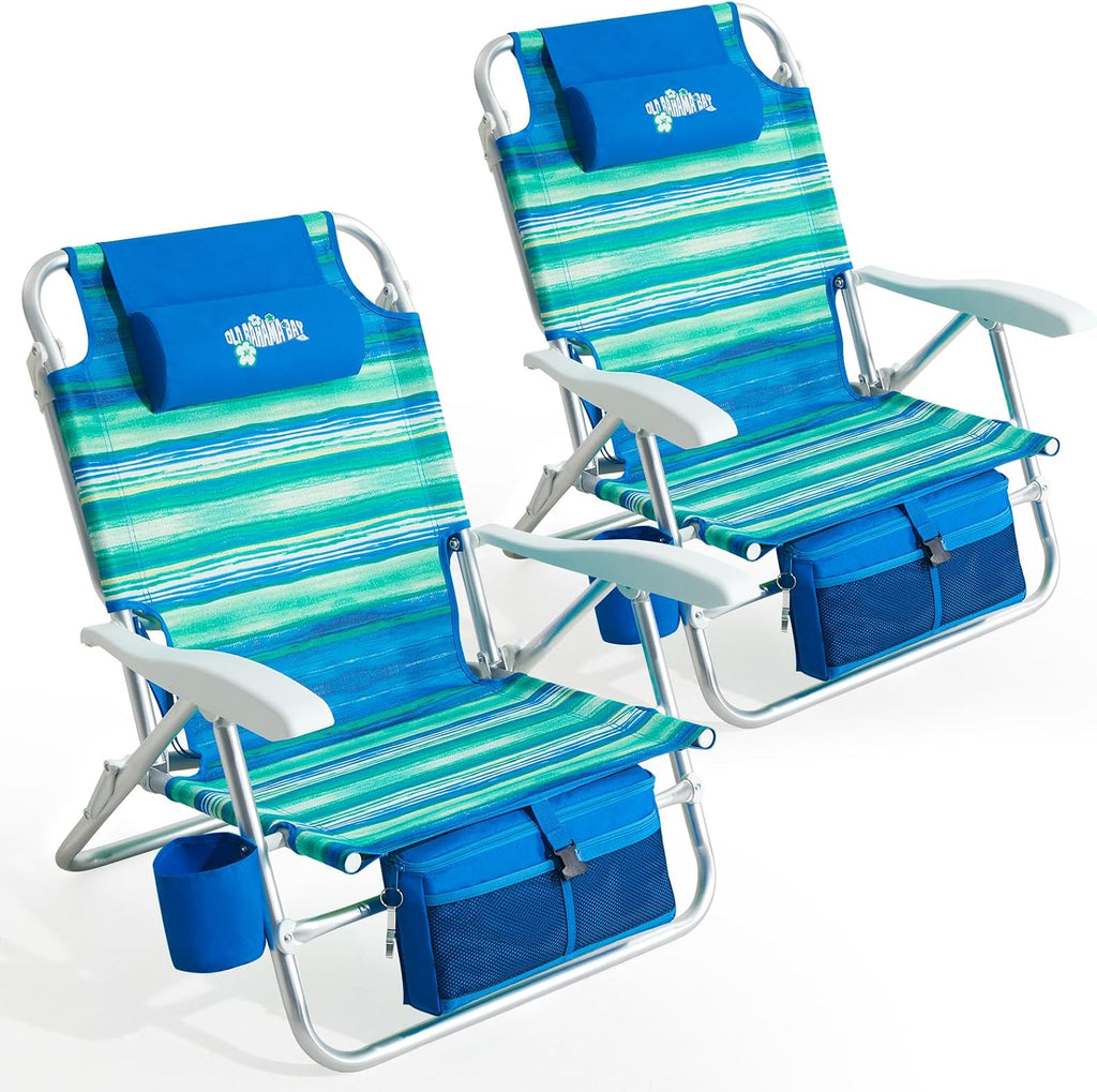 Old Bahama Bay Beach Chairs for Adults, 7-Position Classic Lay Flat Beach Chair Reclining Beach Chair, Portable Aluminum Backpack Beach Chair with Towel Bar & Cooler Bag