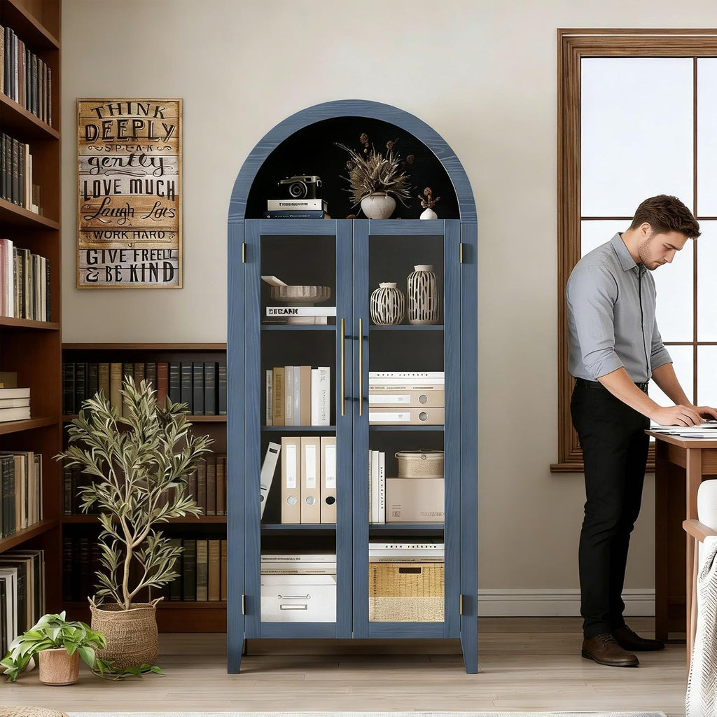 IDEALHOUSE Arched Kitchen Pantry Storage Cabinet - Farmhouse 5-Tier Display Shelf with 2 Large Glass Doors and Adjustable Shelf, Versatile Cupboard for Kitchen, Dining Room, Living Room, Night Blue