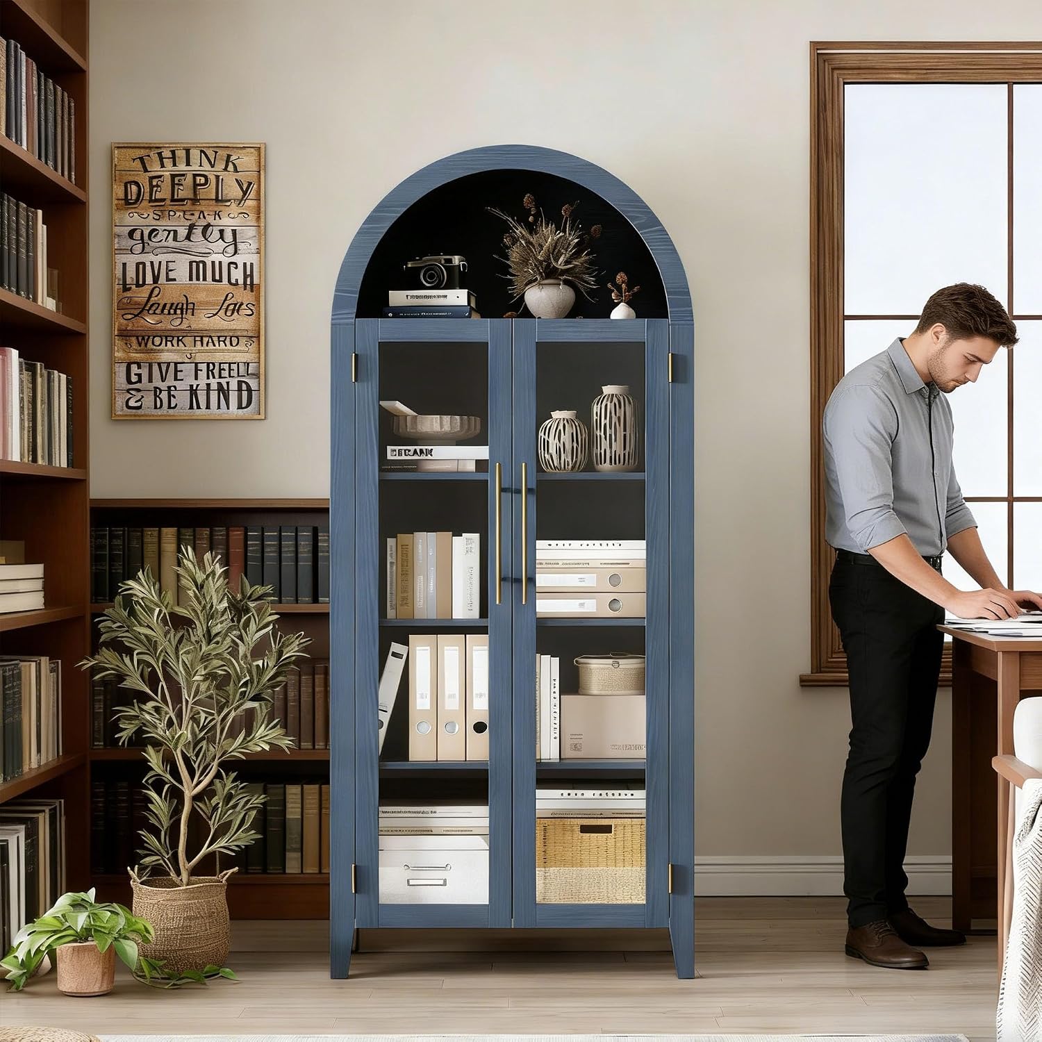 IDEALHOUSE Arched Kitchen Pantry Storage Cabinet - Farmhouse 5-Tier Display Shelf with 2 Large Glass Doors and Adjustable Shelf, Versatile Cupboard for Kitchen, Dining Room, Living Room, Night Blue